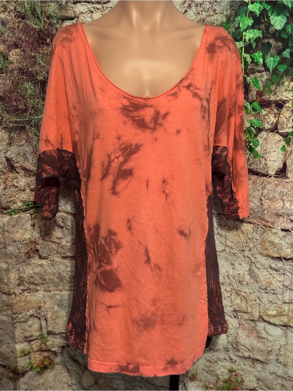 Cowgirl Tuff Coral Orange Tie-Dye Scoop Neck With Black Lace Detail Top